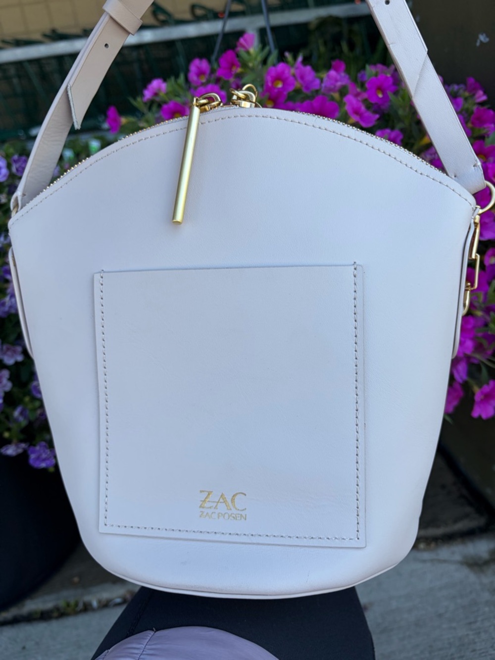 ZAC Zac Posen White Leather Bucket Shoulder Bag with Gold Hardware